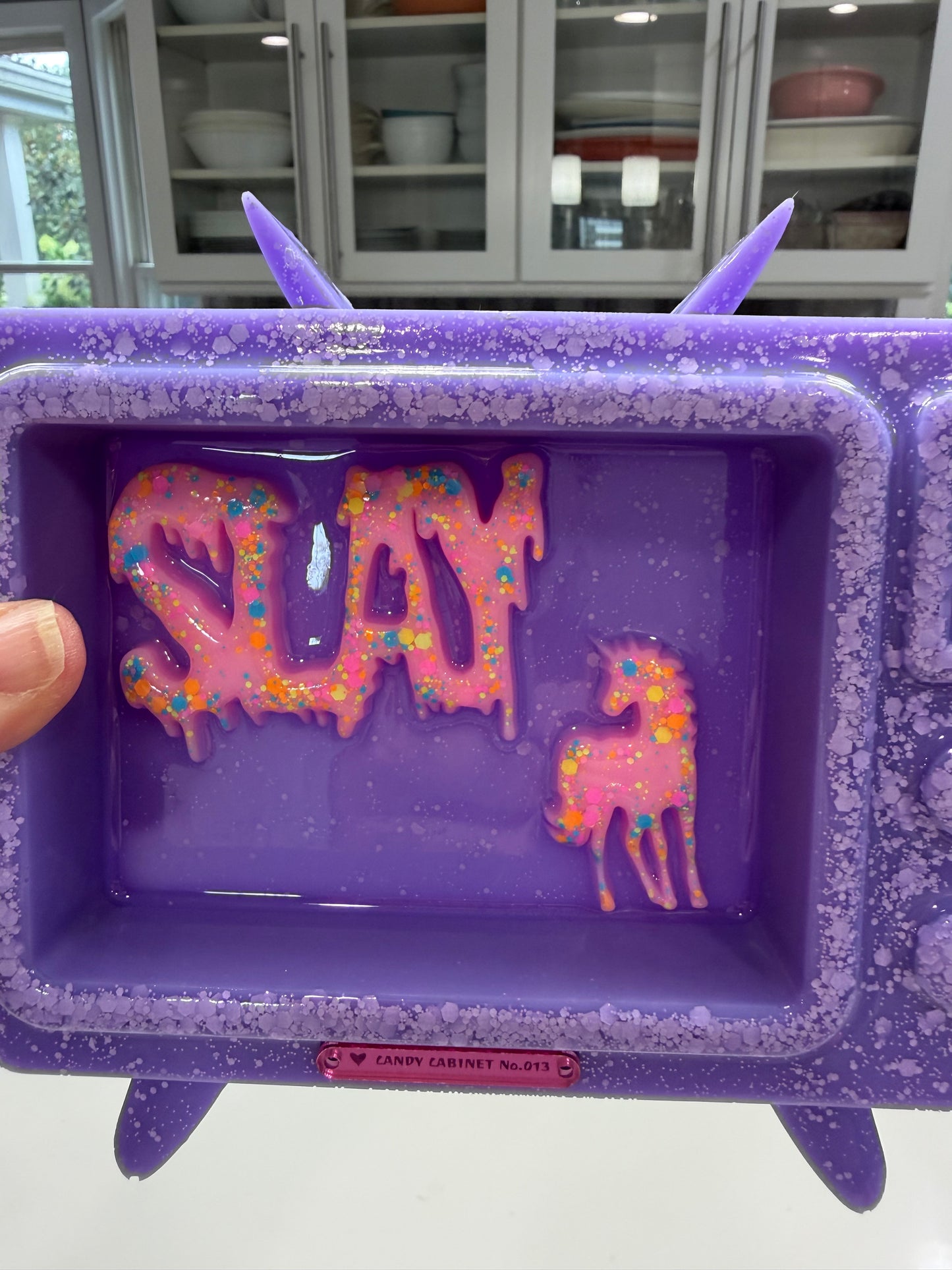 Candy Cabinet™ SLAY Retro TV Sculpture – Handmade Resin Television with Drippy Typography & Unicorn | 7x6 Freestanding Pop Art Collectible