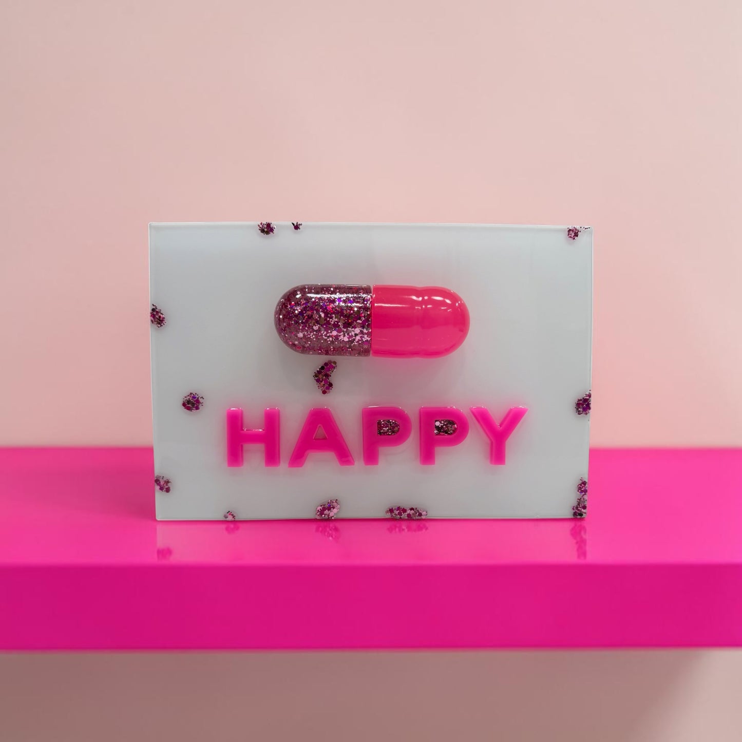Neon Pink “Happy Pill” Resin Wall Art – Glossy Capsule Pop Art Sculpture | Dopamine Decor | Candy Cabinet Collection