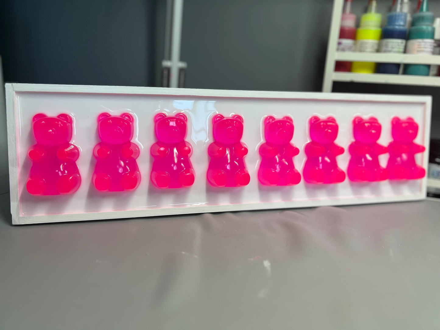 Pink Flight Gummy Bear Resin Wall Art: 3D Pop Art Decor, Nursery Kids Room Decor, Fun Neon Dopamine Apartment Wall Decor, Fake Candy