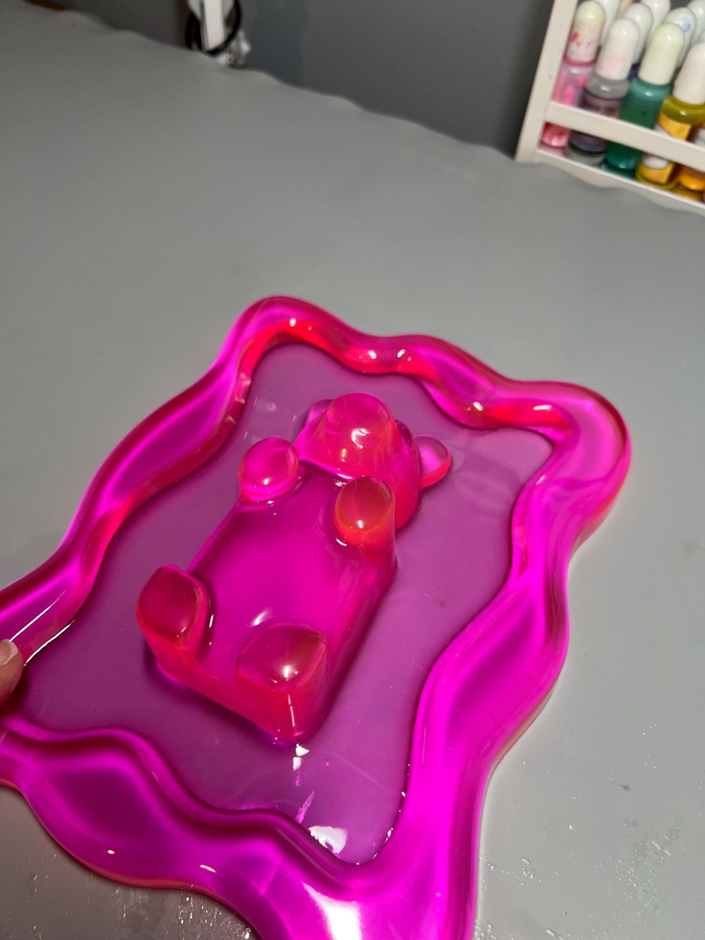 Hot Pink Gummy Bear Resin Wall Art – Y2K Candycore Pop Art Decor – Translucent Lucite Style Handmade Sculpture
