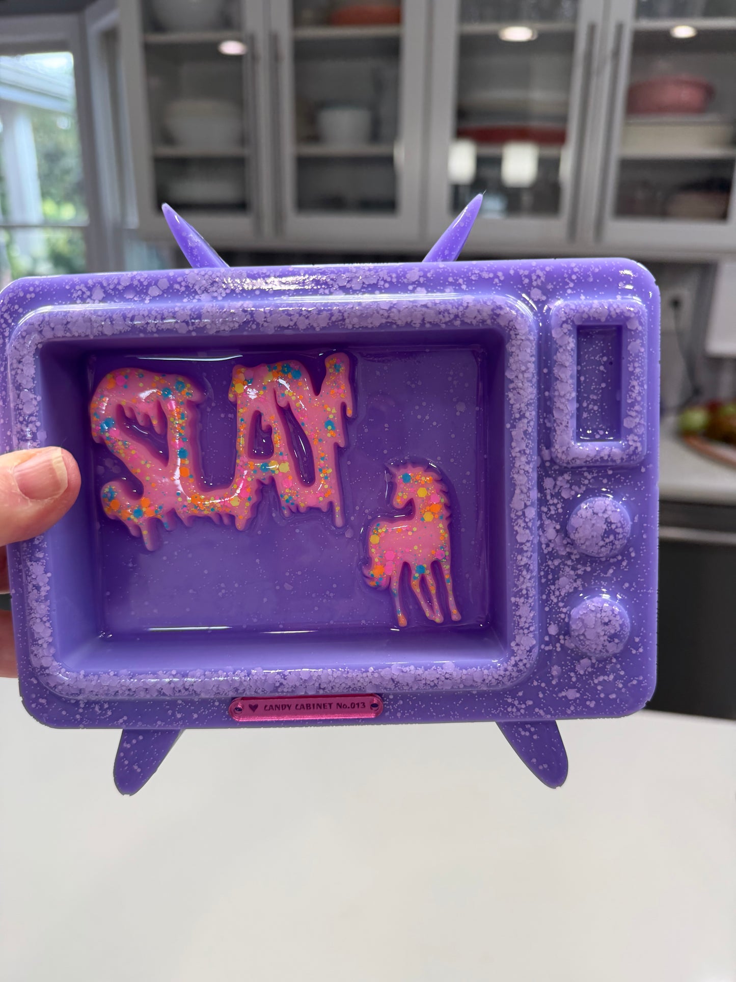 Candy Cabinet™ SLAY Retro TV Sculpture – Handmade Resin Television with Drippy Typography & Unicorn | 7x6 Freestanding Pop Art Collectible