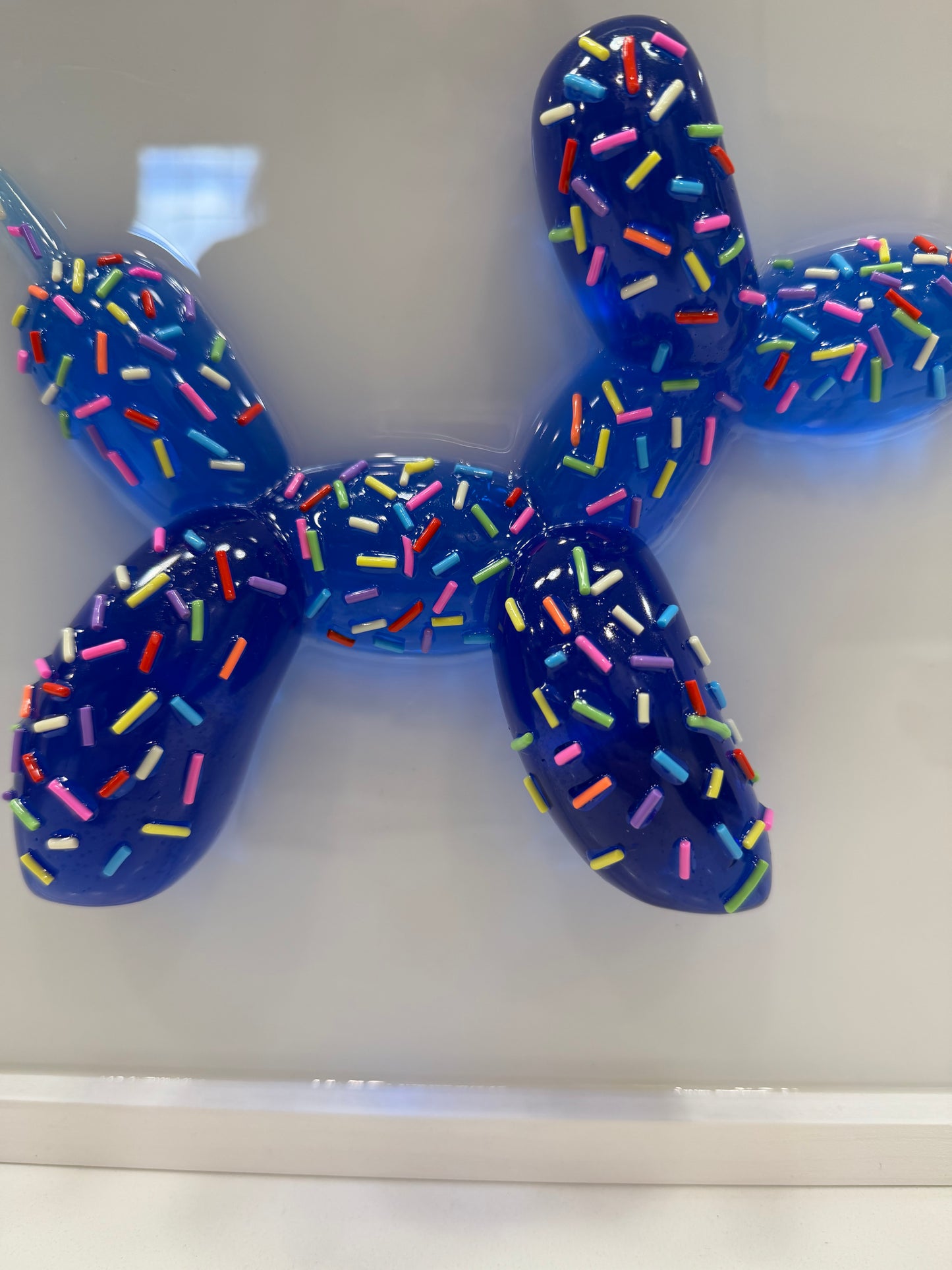 Blue Sprinkle Balloon Dog Wall Art | Handmade Resin Pop Art Sculpture on White Framed Panel | Candy Cabinet Collection