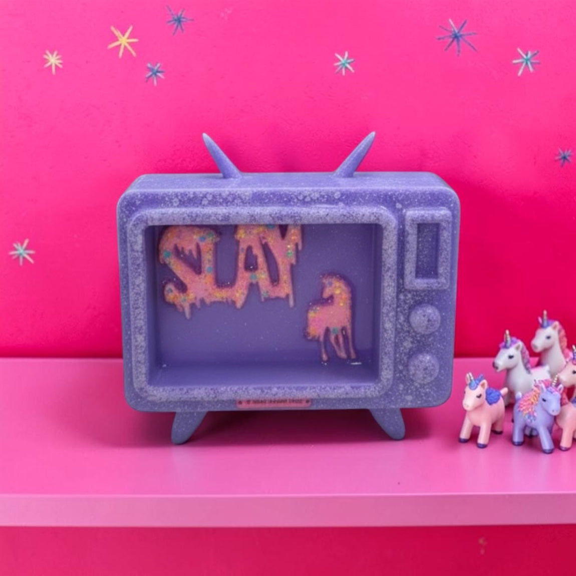 Candy Cabinet™ SLAY Retro TV Sculpture – Handmade Resin Television with Drippy Typography & Unicorn | 7x6 Freestanding Pop Art Collectible