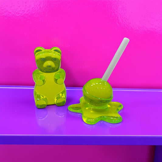 Neon Lime Gummy Bear & Melting Lollipop Set | Handmade Resin Pop Art Sculpture Duo | Candy Cabinet Collection | Dopamine Decor