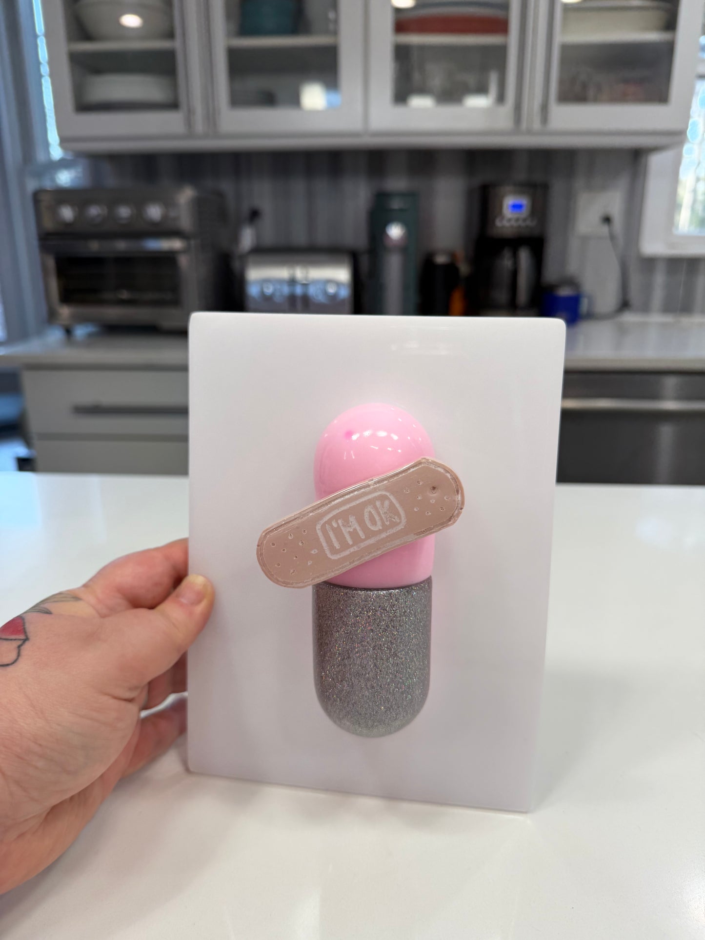 I’m Ok Capsule Pill Wall Art – 8x6” Resin Sculpture – Pink Pop Art Mental Health Piece – Glitter Silver & Bandage Detail – Ready to Hang