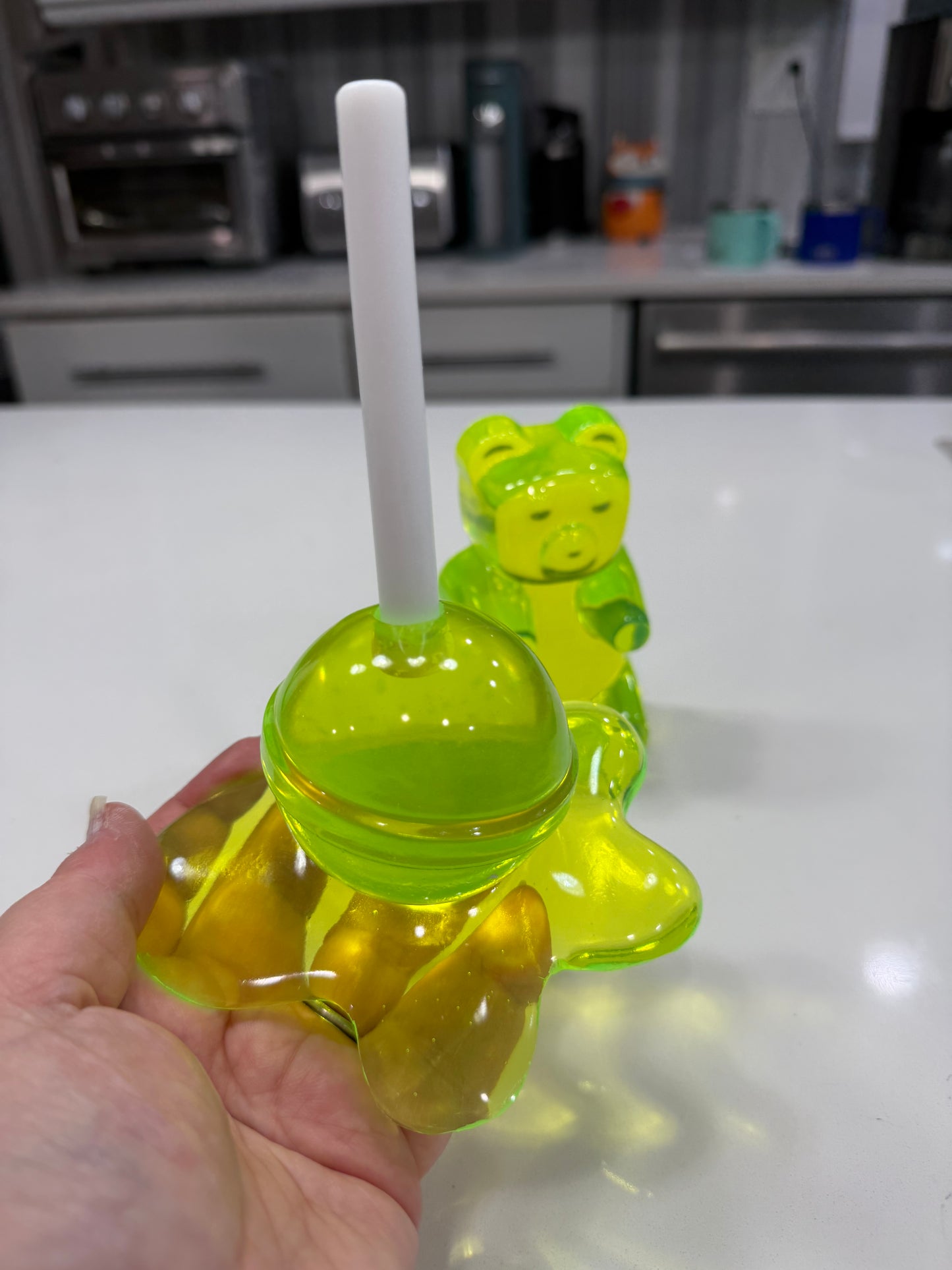 Neon Lime Gummy Bear & Melting Lollipop Set | Handmade Resin Pop Art Sculpture Duo | Candy Cabinet Collection | Dopamine Decor