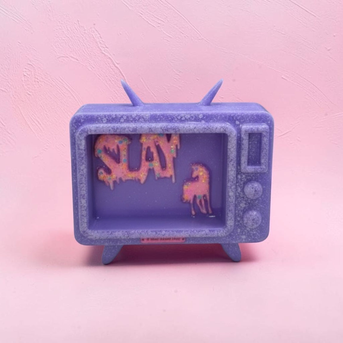 Candy Cabinet™ SLAY Retro TV Sculpture – Handmade Resin Television with Drippy Typography & Unicorn | 7x6 Freestanding Pop Art Collectible