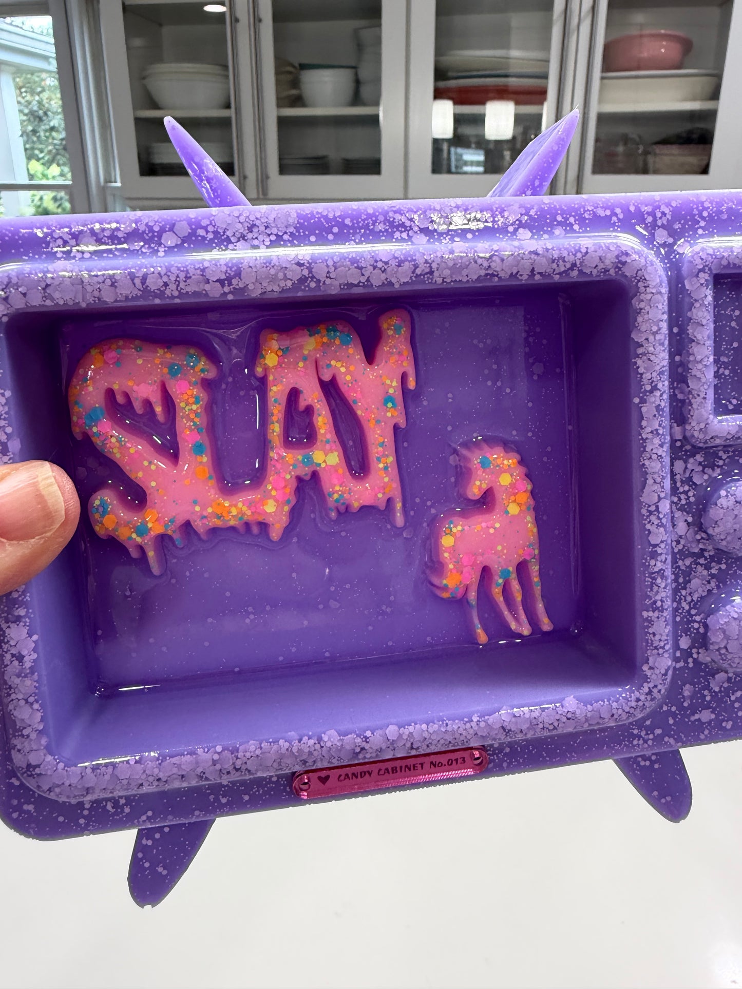 Candy Cabinet™ SLAY Retro TV Sculpture – Handmade Resin Television with Drippy Typography & Unicorn | 7x6 Freestanding Pop Art Collectible