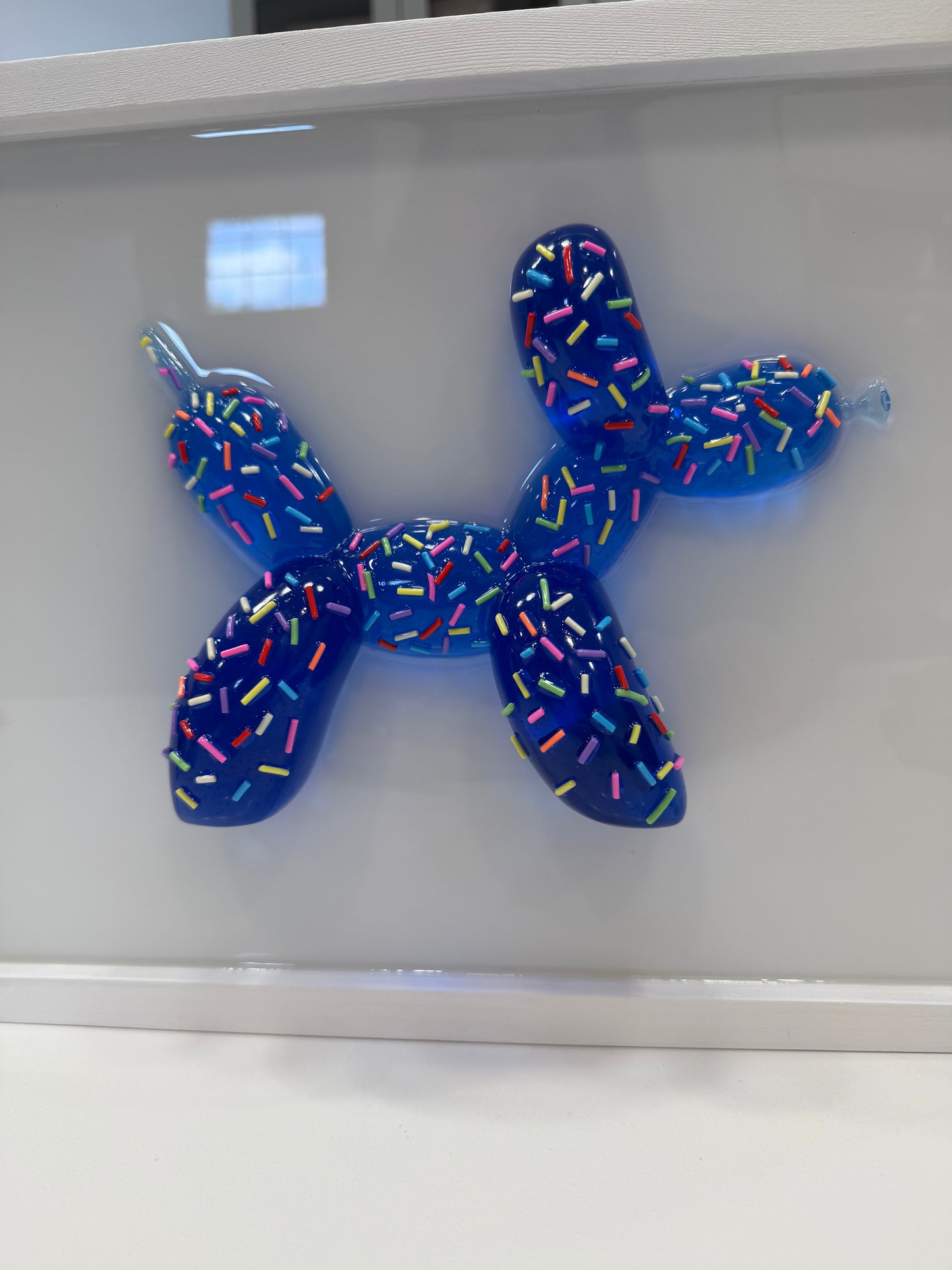 Blue Sprinkle Balloon Dog Wall Art | Handmade Resin Pop Art Sculpture on White Framed Panel | Candy Cabinet Collection