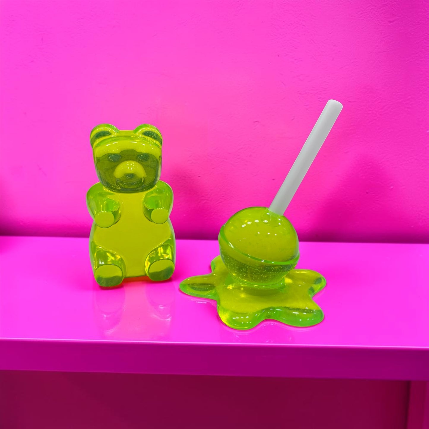 Neon Lime Gummy Bear & Melting Lollipop Set | Handmade Resin Pop Art Sculpture Duo | Candy Cabinet Collection | Dopamine Decor