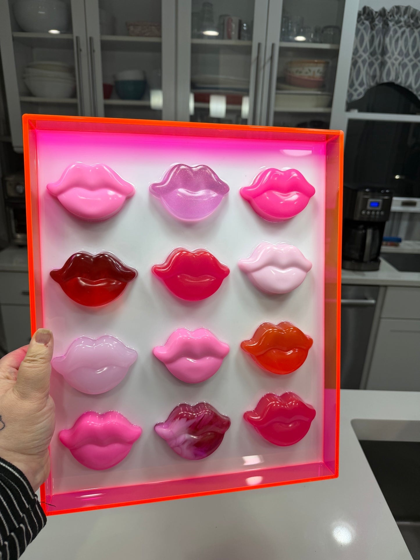 Neon Kiss Grid – Resin Lip Wall Sculpture in Fluorescent Acrylic Frame Free US Shipping