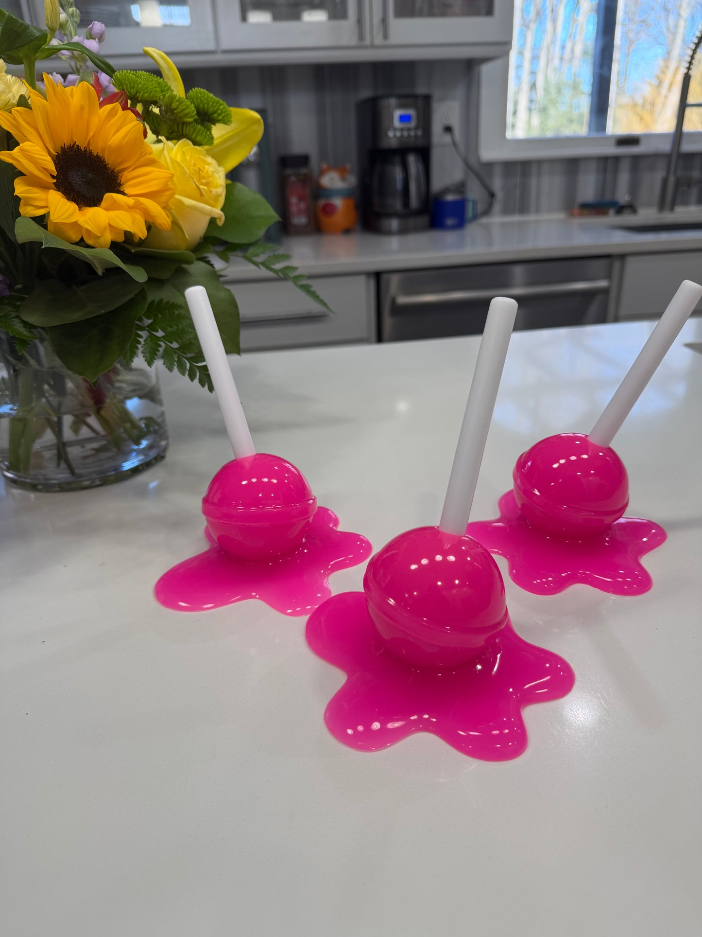 Neon BubblegumPink Melting Lollipop Resin Sculpture – OOAK Pop Art Candy Decor
