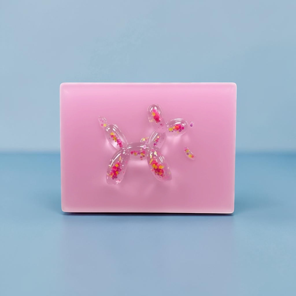 Confetti Balloon Dog on Soft Pink Resin Panel – OOAK Pop Art Sculpture (8x6 Wall Art)
