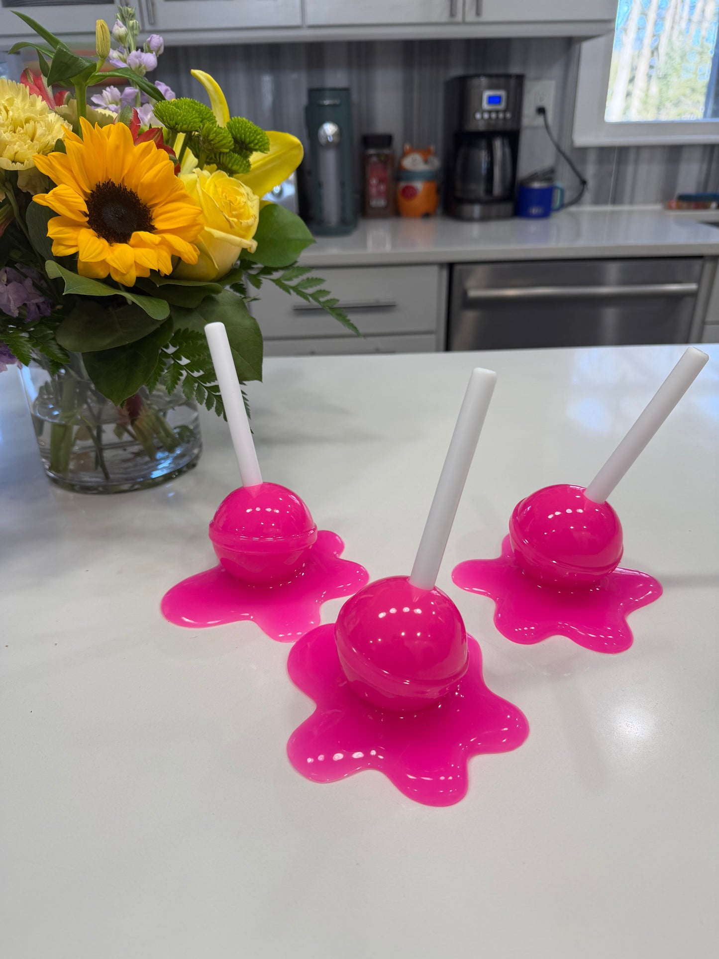 Neon BubblegumPink Melting Lollipop Resin Sculpture – OOAK Pop Art Candy Decor