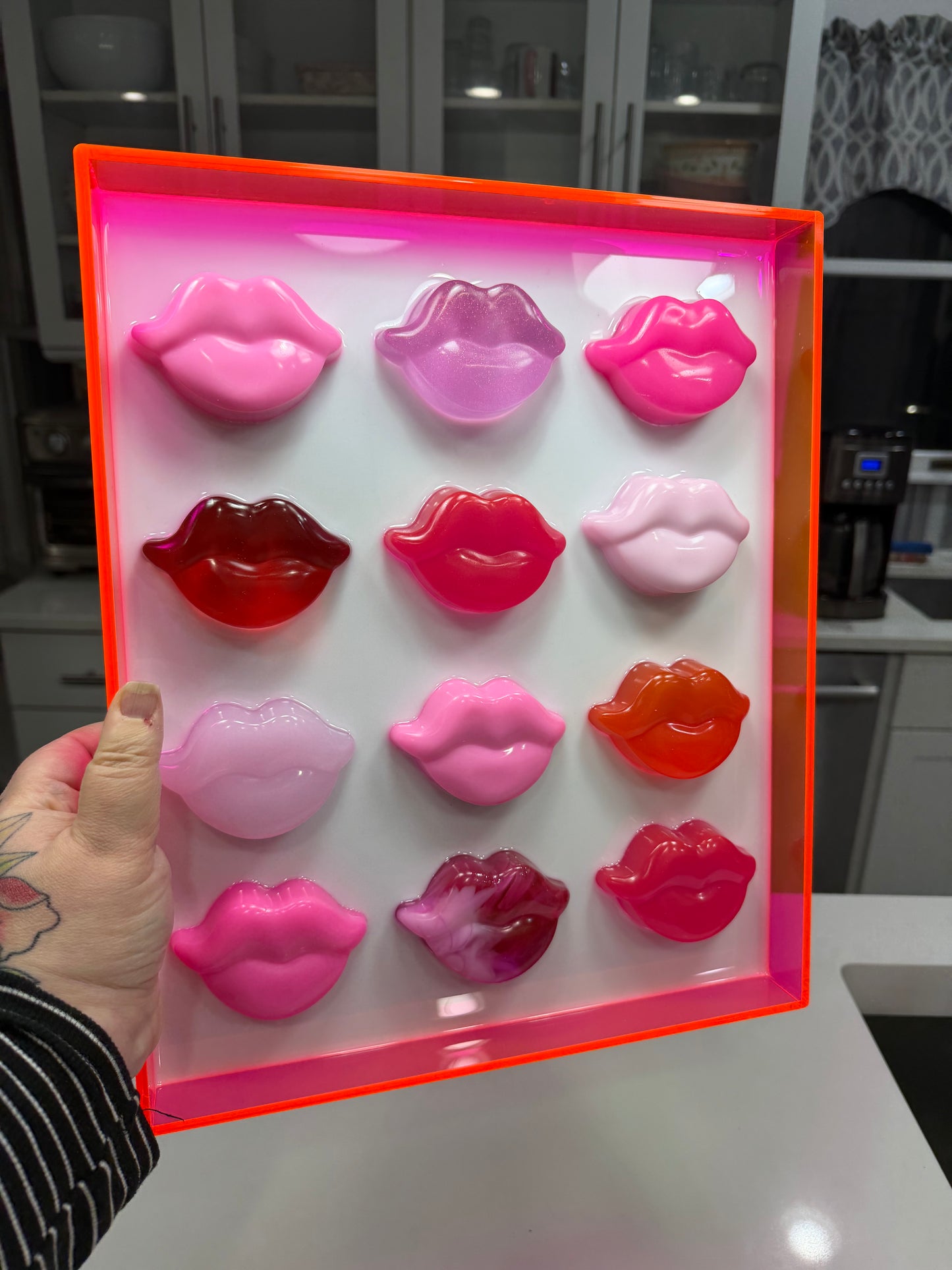 Neon Kiss Grid – Resin Lip Wall Sculpture in Fluorescent Acrylic Frame Free US Shipping