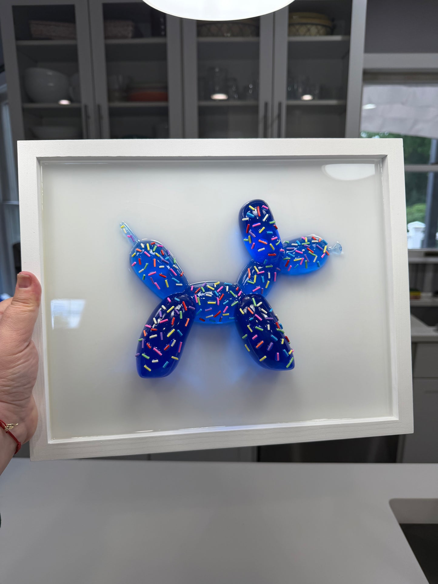 Blue Sprinkle Balloon Dog Wall Art | Handmade Resin Pop Art Sculpture on White Framed Panel | Candy Cabinet Collection