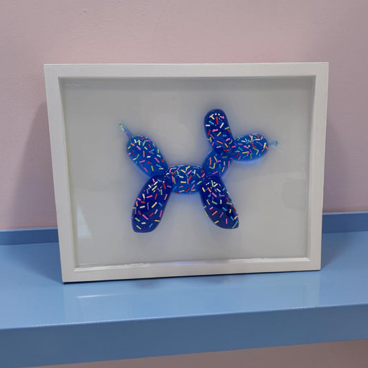 Blue Sprinkle Balloon Dog Wall Art | Handmade Resin Pop Art Sculpture on White Framed Panel | Candy Cabinet Collection