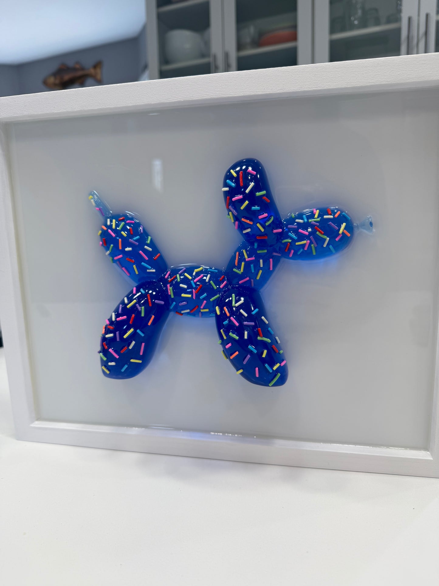 Blue Sprinkle Balloon Dog Wall Art | Handmade Resin Pop Art Sculpture on White Framed Panel | Candy Cabinet Collection