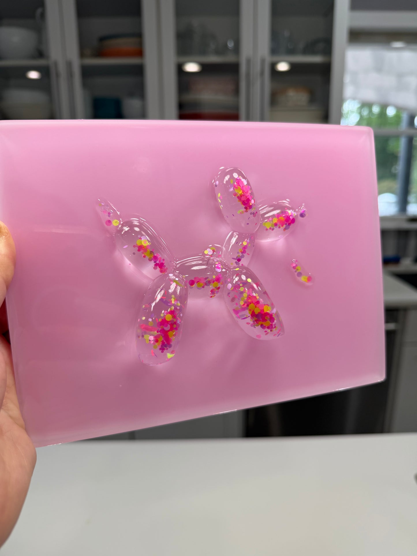 Confetti Balloon Dog on Soft Pink Resin Panel – OOAK Pop Art Sculpture (8x6 Wall Art)
