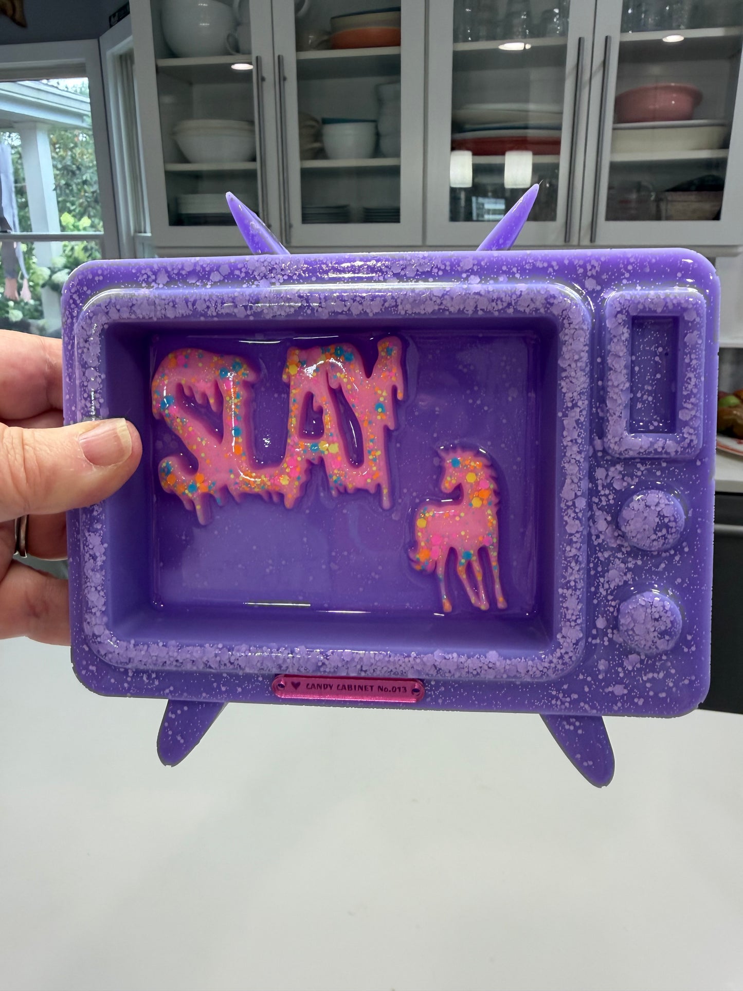 Candy Cabinet™ SLAY Retro TV Sculpture – Handmade Resin Television with Drippy Typography & Unicorn | 7x6 Freestanding Pop Art Collectible