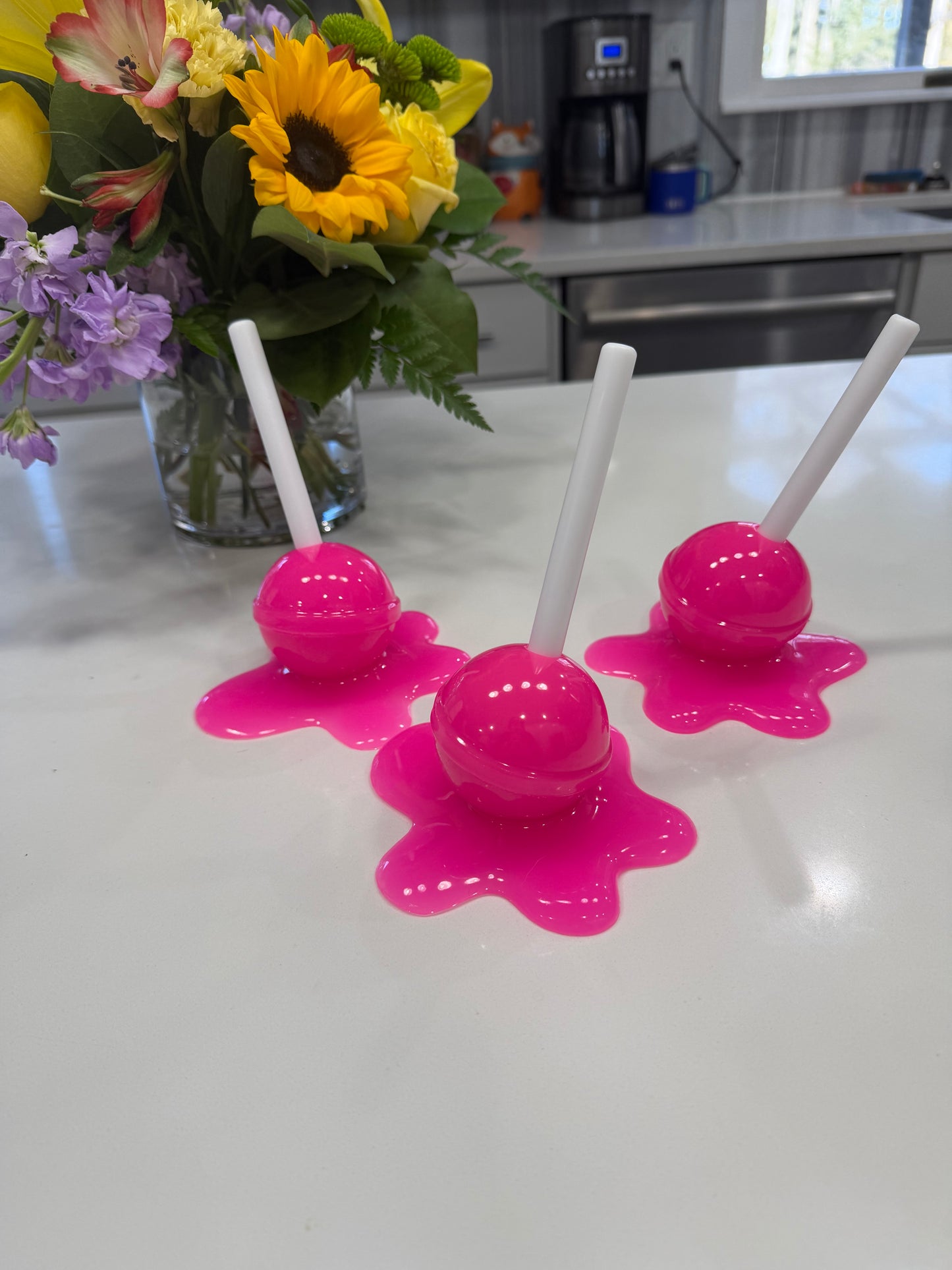 Neon BubblegumPink Melting Lollipop Resin Sculpture – OOAK Pop Art Candy Decor