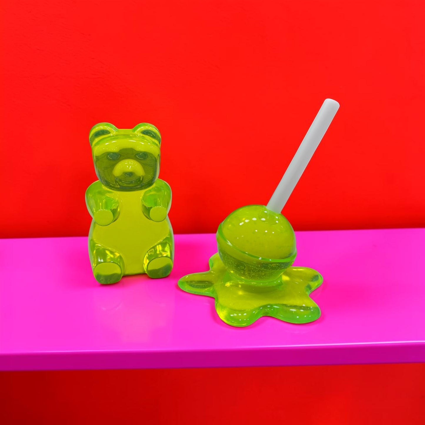 Neon Lime Gummy Bear & Melting Lollipop Set | Handmade Resin Pop Art Sculpture Duo | Candy Cabinet Collection | Dopamine Decor