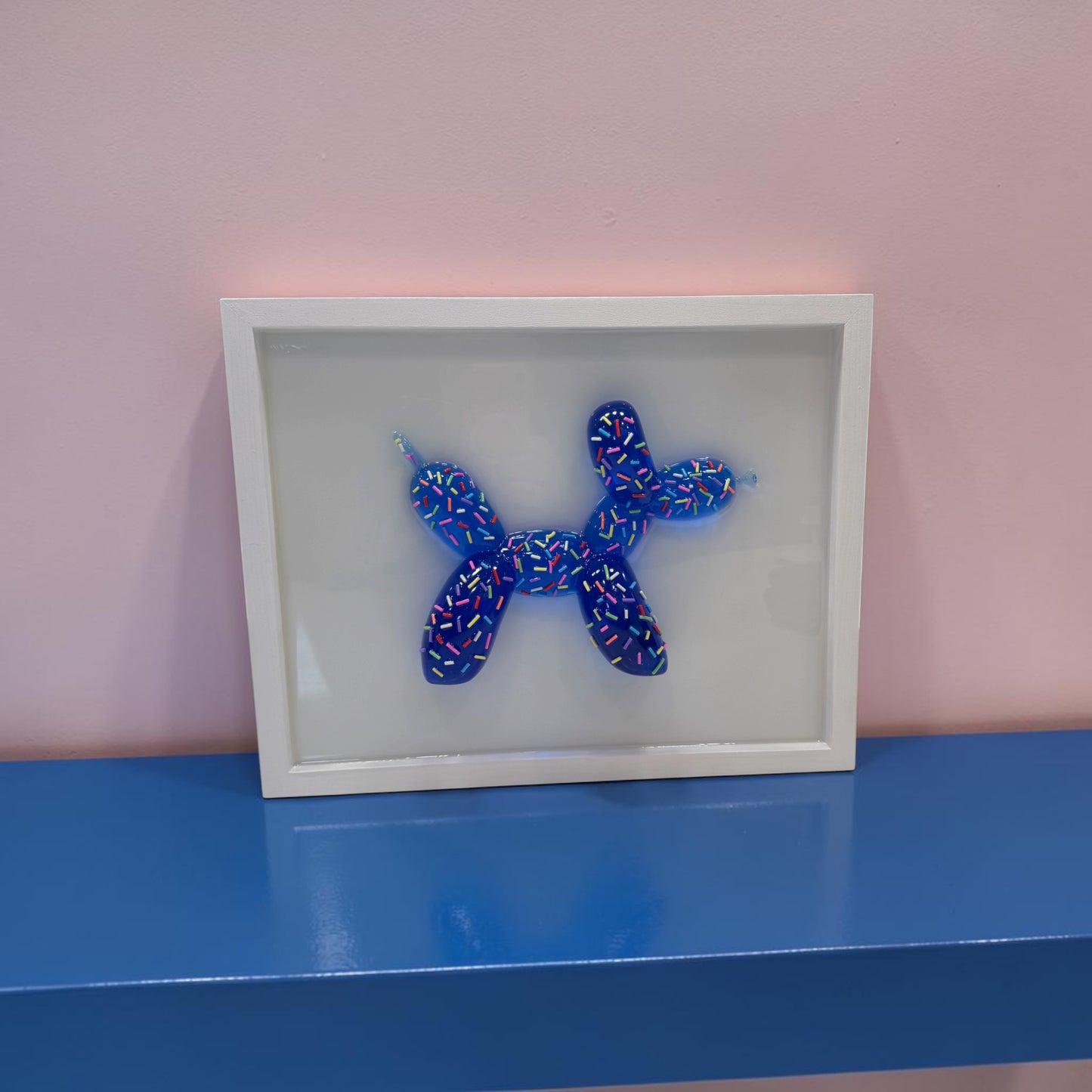 Blue Sprinkle Balloon Dog Wall Art | Handmade Resin Pop Art Sculpture on White Framed Panel | Candy Cabinet Collection