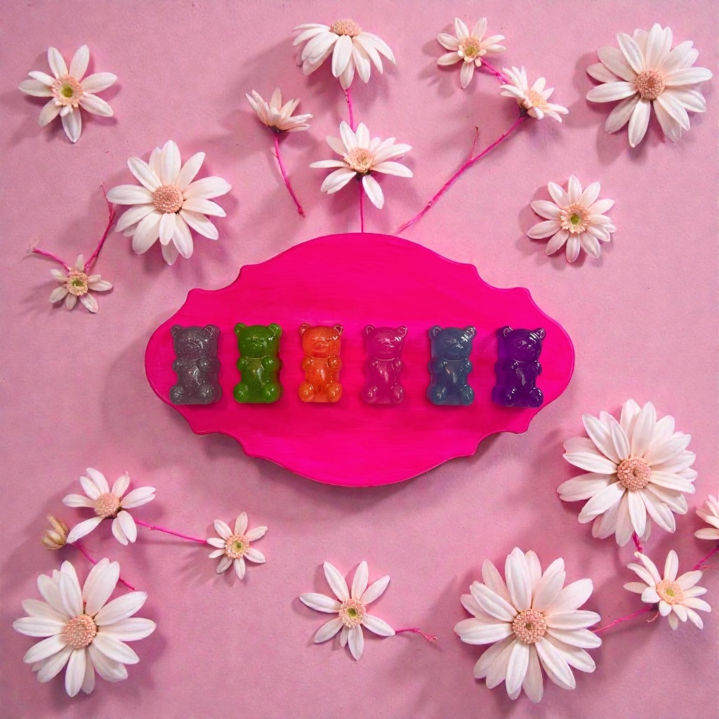 Rainbow Gummy Bears Ornate Filigree Frame Wall Art: Glitter Resin 3D Pop Art, Classic Gummy Bear Candy Shapes Statement Wall Art Hot Pink