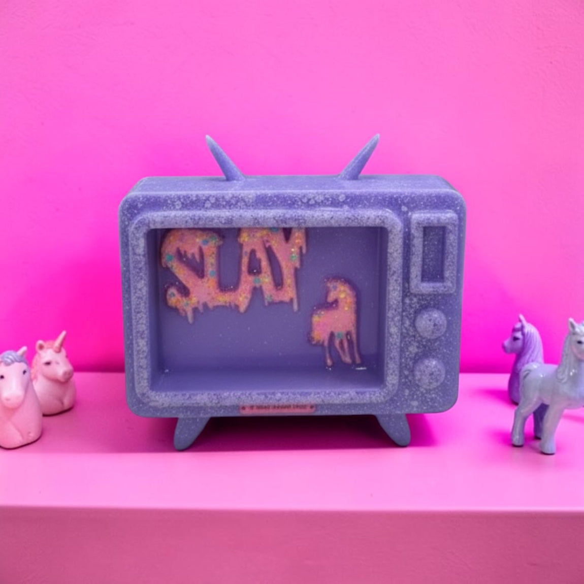 Candy Cabinet™ SLAY Retro TV Sculpture – Handmade Resin Television with Drippy Typography & Unicorn | 7x6 Freestanding Pop Art Collectible