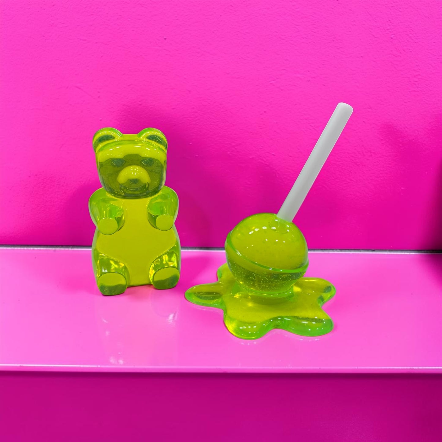 Neon Lime Gummy Bear & Melting Lollipop Set | Handmade Resin Pop Art Sculpture Duo | Candy Cabinet Collection | Dopamine Decor