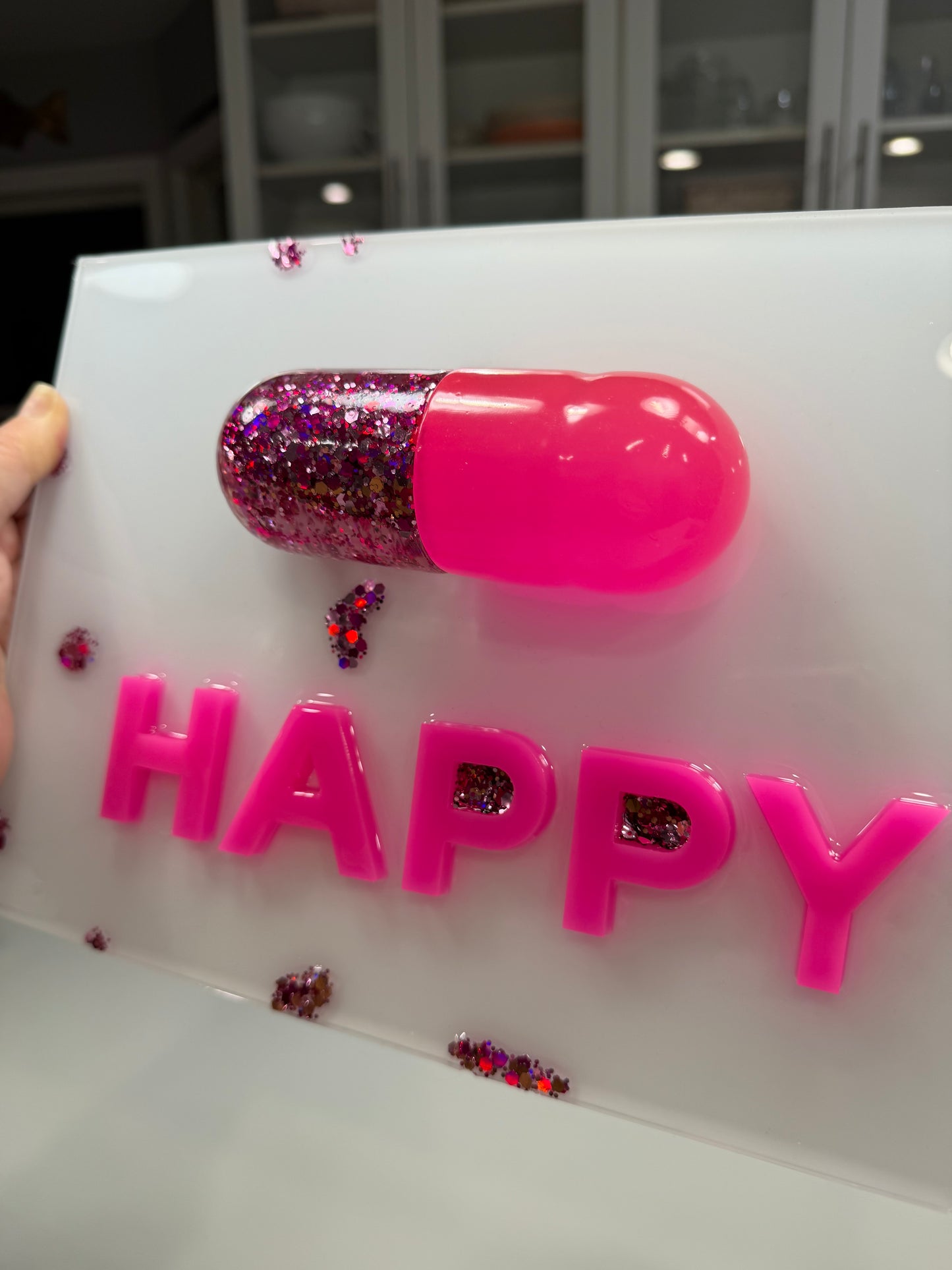Neon Pink “Happy Pill” Resin Wall Art – Glossy Capsule Pop Art Sculpture | Dopamine Decor | Candy Cabinet Collection