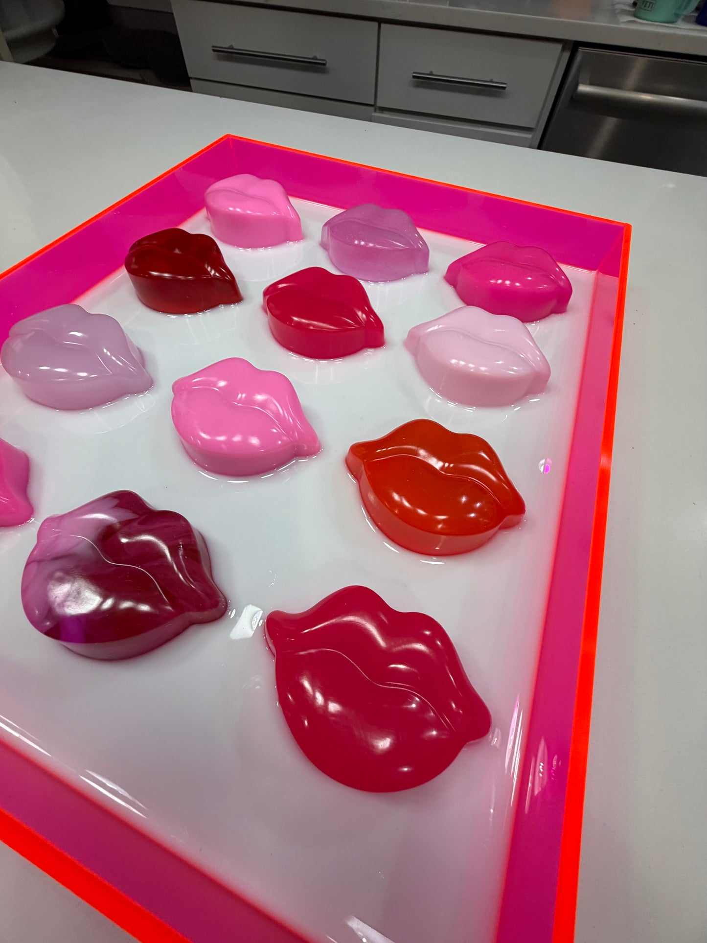 Neon Kiss Grid – Resin Lip Wall Sculpture in Fluorescent Acrylic Frame Free US Shipping