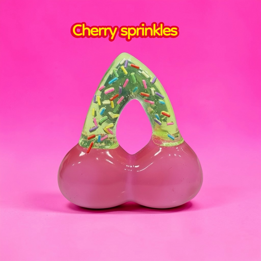 Pink Candy Cherry Wall Sculpture with Sprinkles – Resin Pop Art Dessert Decor – Kawaii Candy Wall Art – Playful Kitchen Art – 5 x 5.5 in