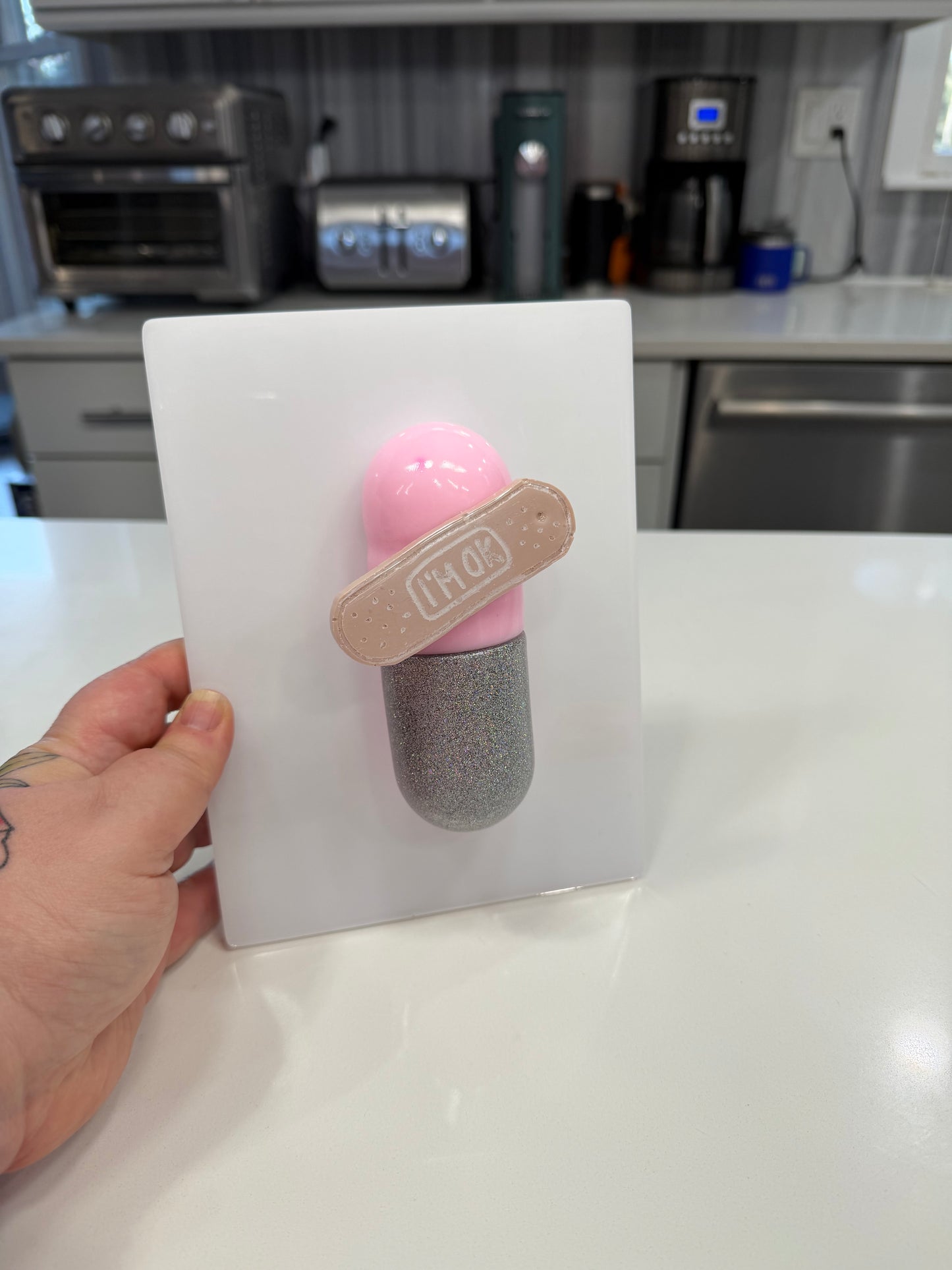 I’m Ok Capsule Pill Wall Art – 8x6” Resin Sculpture – Pink Pop Art Mental Health Piece – Glitter Silver & Bandage Detail – Ready to Hang