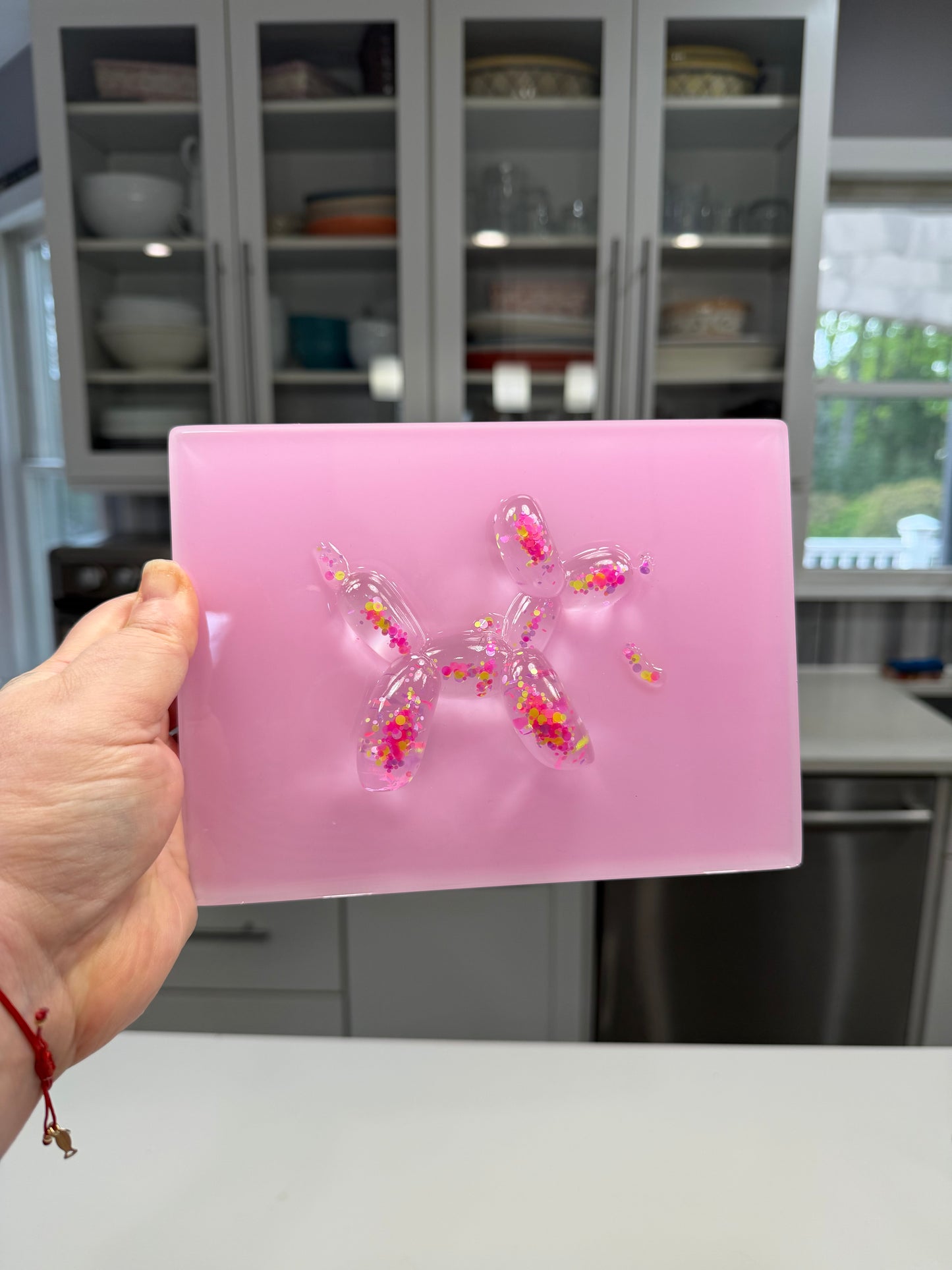 Confetti Balloon Dog on Soft Pink Resin Panel – OOAK Pop Art Sculpture (8x6 Wall Art)