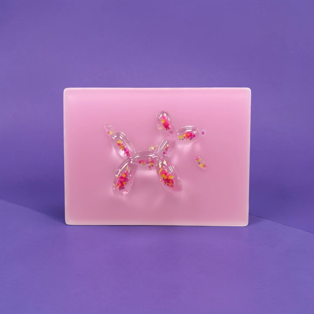 Confetti Balloon Dog on Soft Pink Resin Panel – OOAK Pop Art Sculpture (8x6 Wall Art)