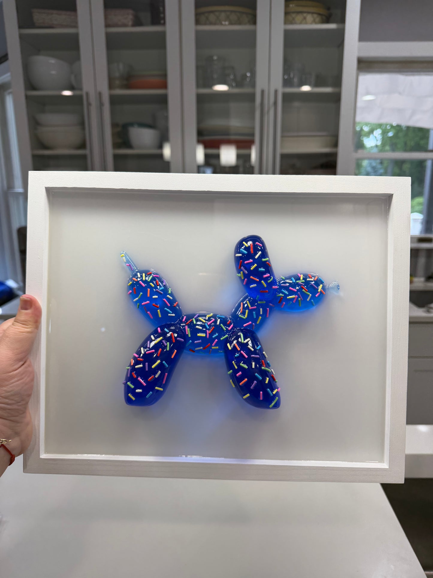 Blue Sprinkle Balloon Dog Wall Art | Handmade Resin Pop Art Sculpture on White Framed Panel | Candy Cabinet Collection
