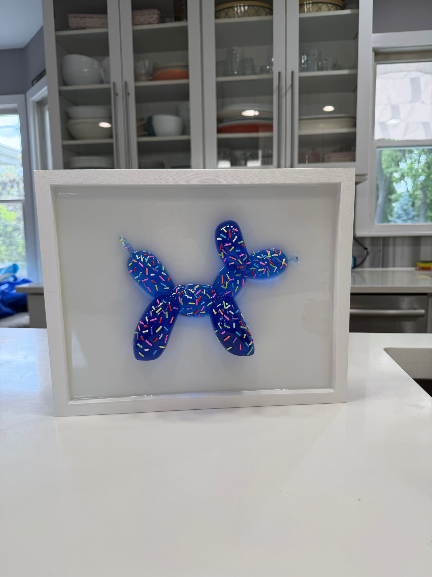 Blue Sprinkle Balloon Dog Wall Art | Handmade Resin Pop Art Sculpture on White Framed Panel | Candy Cabinet Collection