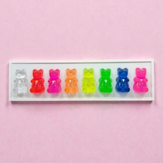 Neon Rainbow Gummy Bears Wall Art – 18x5 Handmade Resin Pop Art on Wood Frame | Colorful Dopamine Candy Decor Free US Shipping