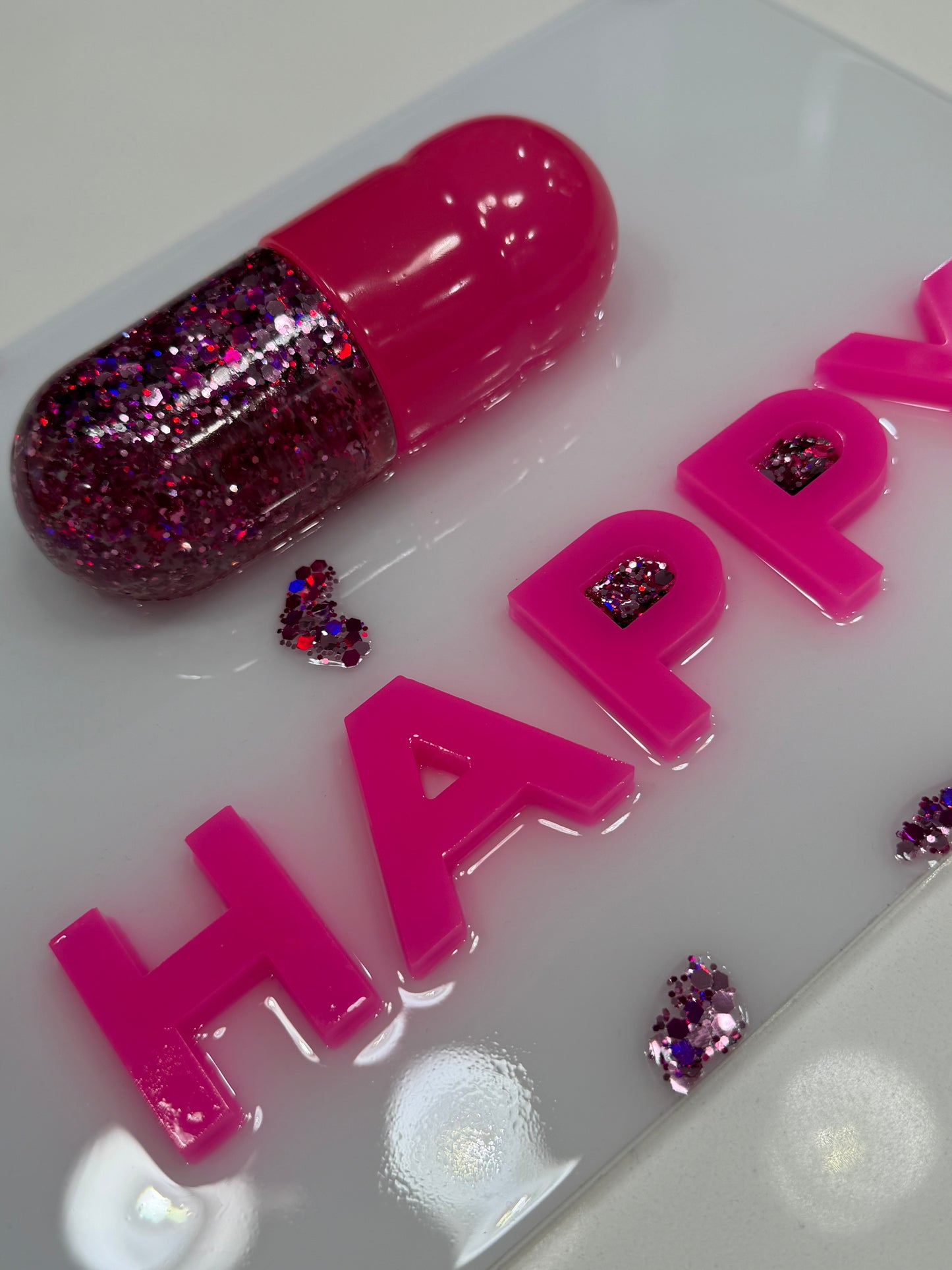 Neon Pink “Happy Pill” Resin Wall Art – Glossy Capsule Pop Art Sculpture | Dopamine Decor | Candy Cabinet Collection