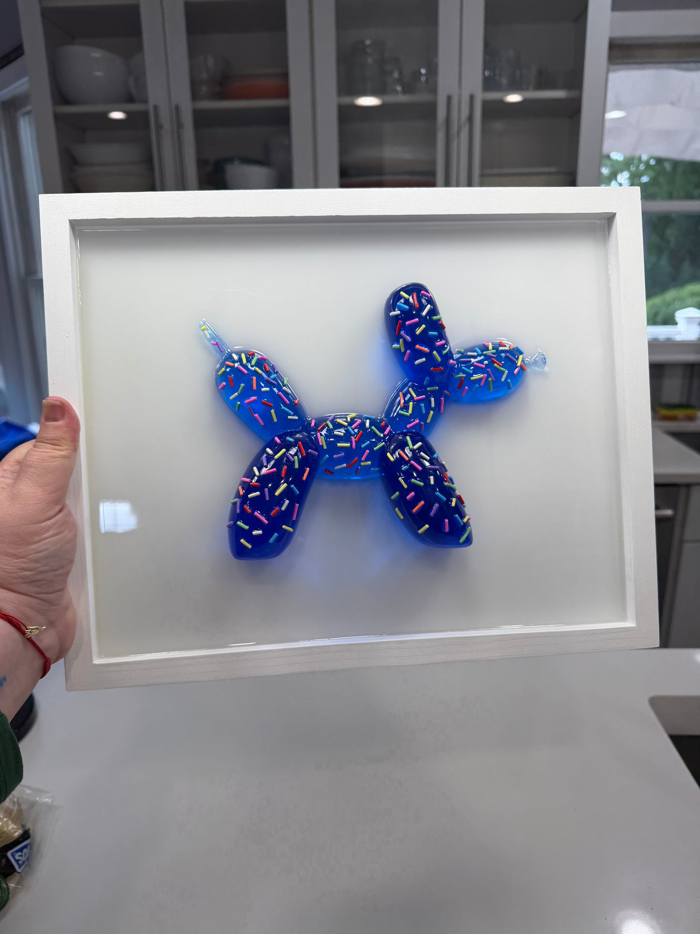 Blue Sprinkle Balloon Dog Wall Art | Handmade Resin Pop Art Sculpture on White Framed Panel | Candy Cabinet Collection