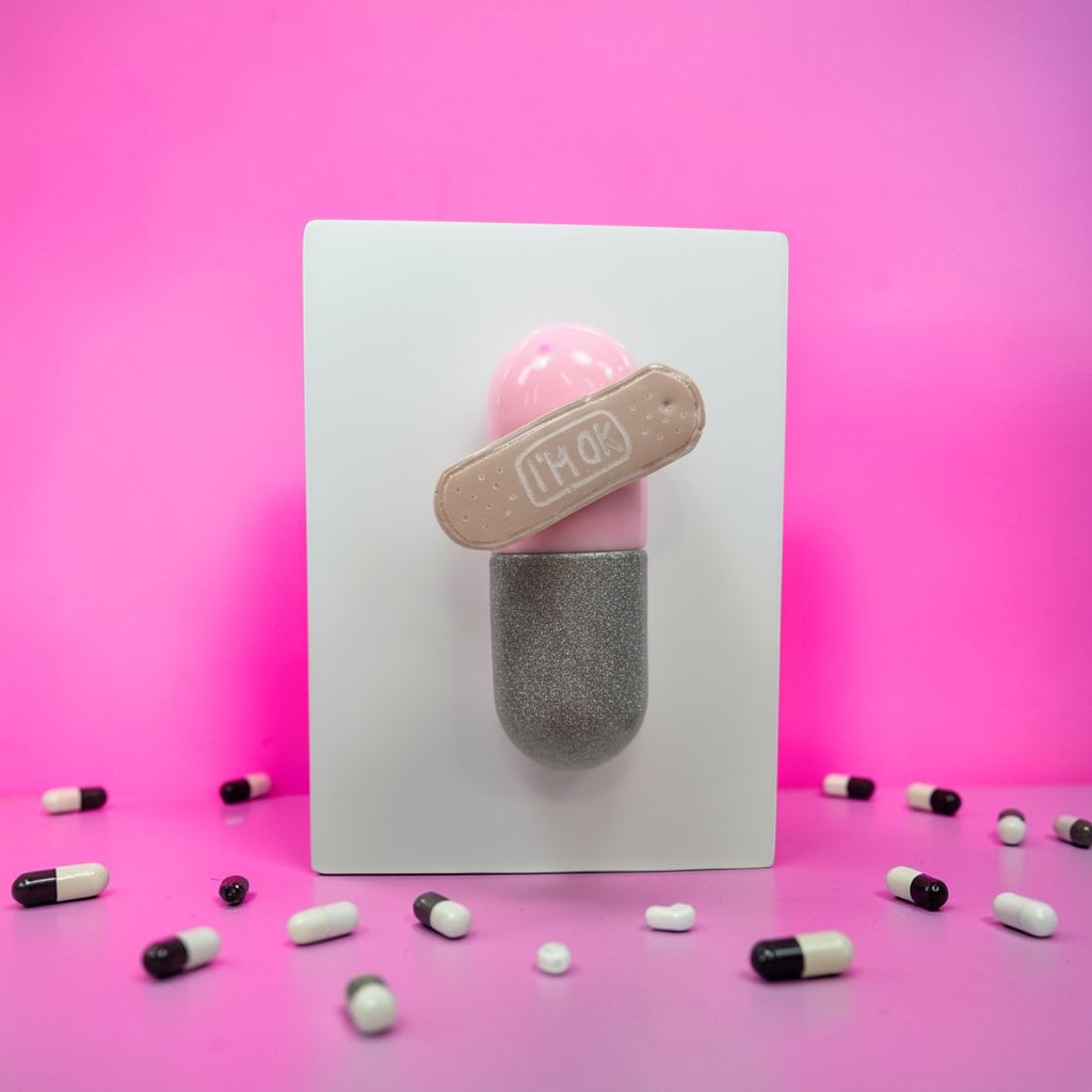 I’m Ok Capsule Pill Wall Art – 8x6” Resin Sculpture – Pink Pop Art Mental Health Piece – Glitter Silver & Bandage Detail – Ready to Hang