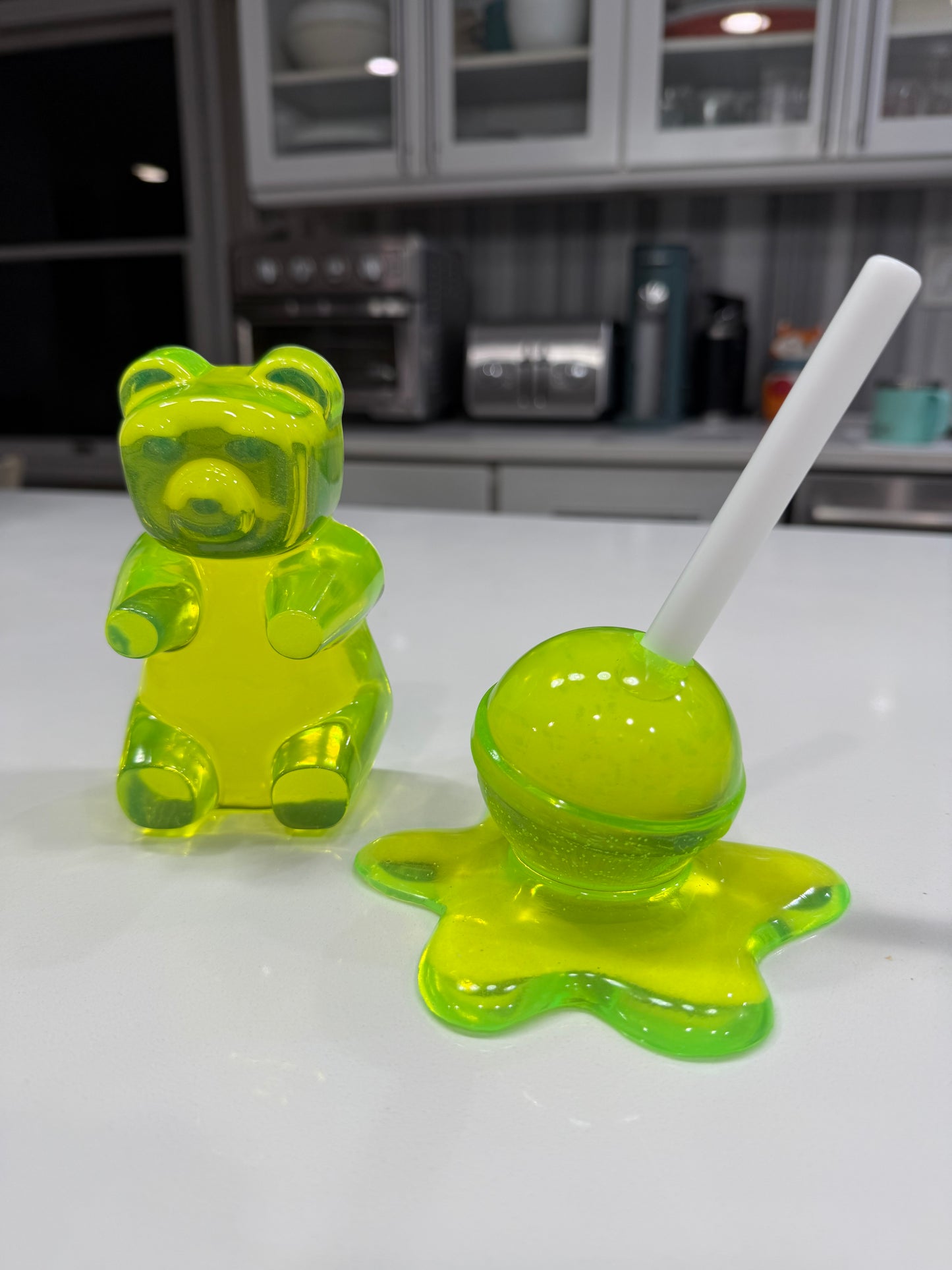Neon Lime Gummy Bear & Melting Lollipop Set | Handmade Resin Pop Art Sculpture Duo | Candy Cabinet Collection | Dopamine Decor