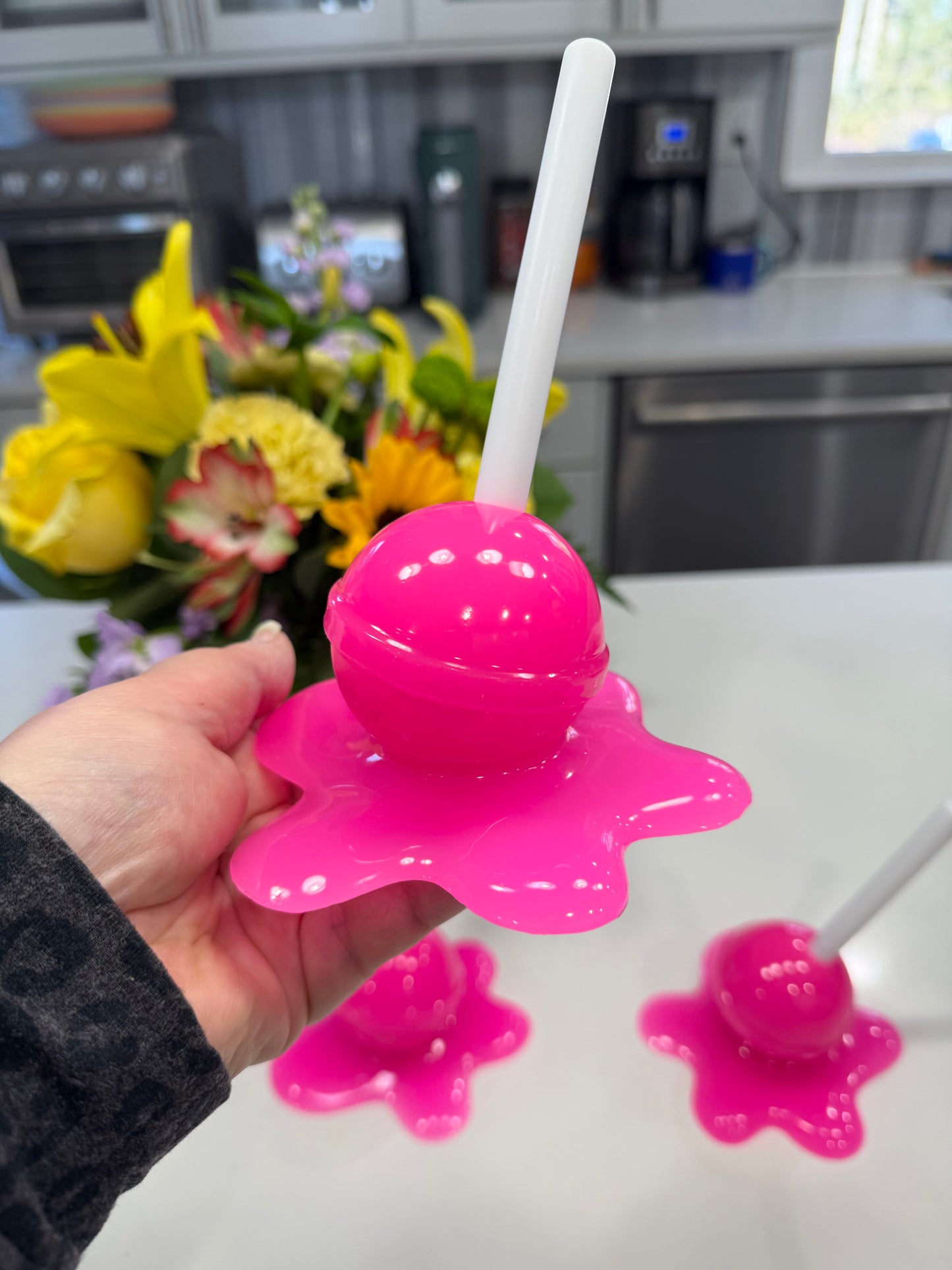 Neon BubblegumPink Melting Lollipop Resin Sculpture – OOAK Pop Art Candy Decor