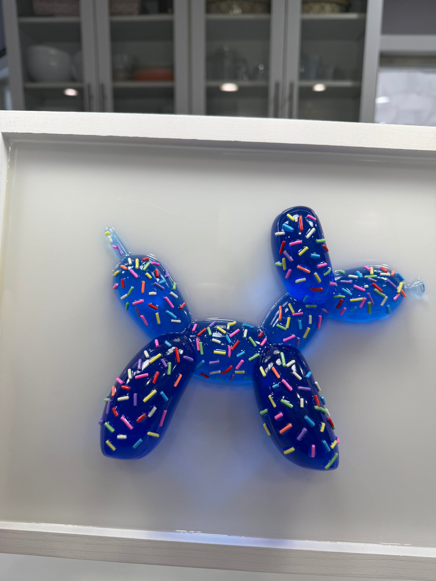 Blue Sprinkle Balloon Dog Wall Art | Handmade Resin Pop Art Sculpture on White Framed Panel | Candy Cabinet Collection
