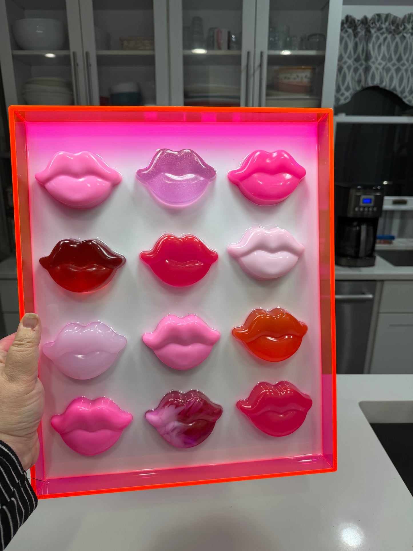 Neon Kiss Grid – Resin Lip Wall Sculpture in Fluorescent Acrylic Frame Free US Shipping