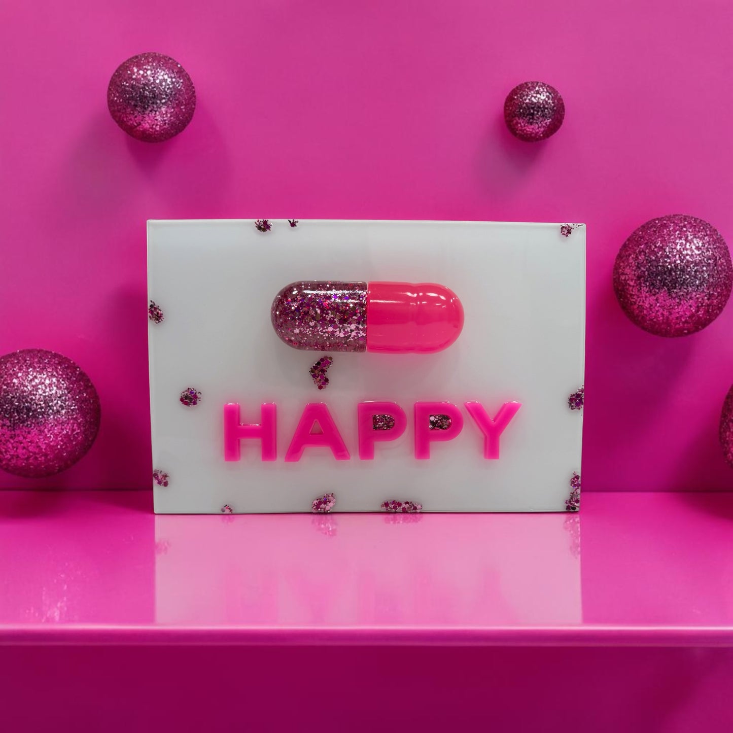 Neon Pink “Happy Pill” Resin Wall Art – Glossy Capsule Pop Art Sculpture | Dopamine Decor | Candy Cabinet Collection