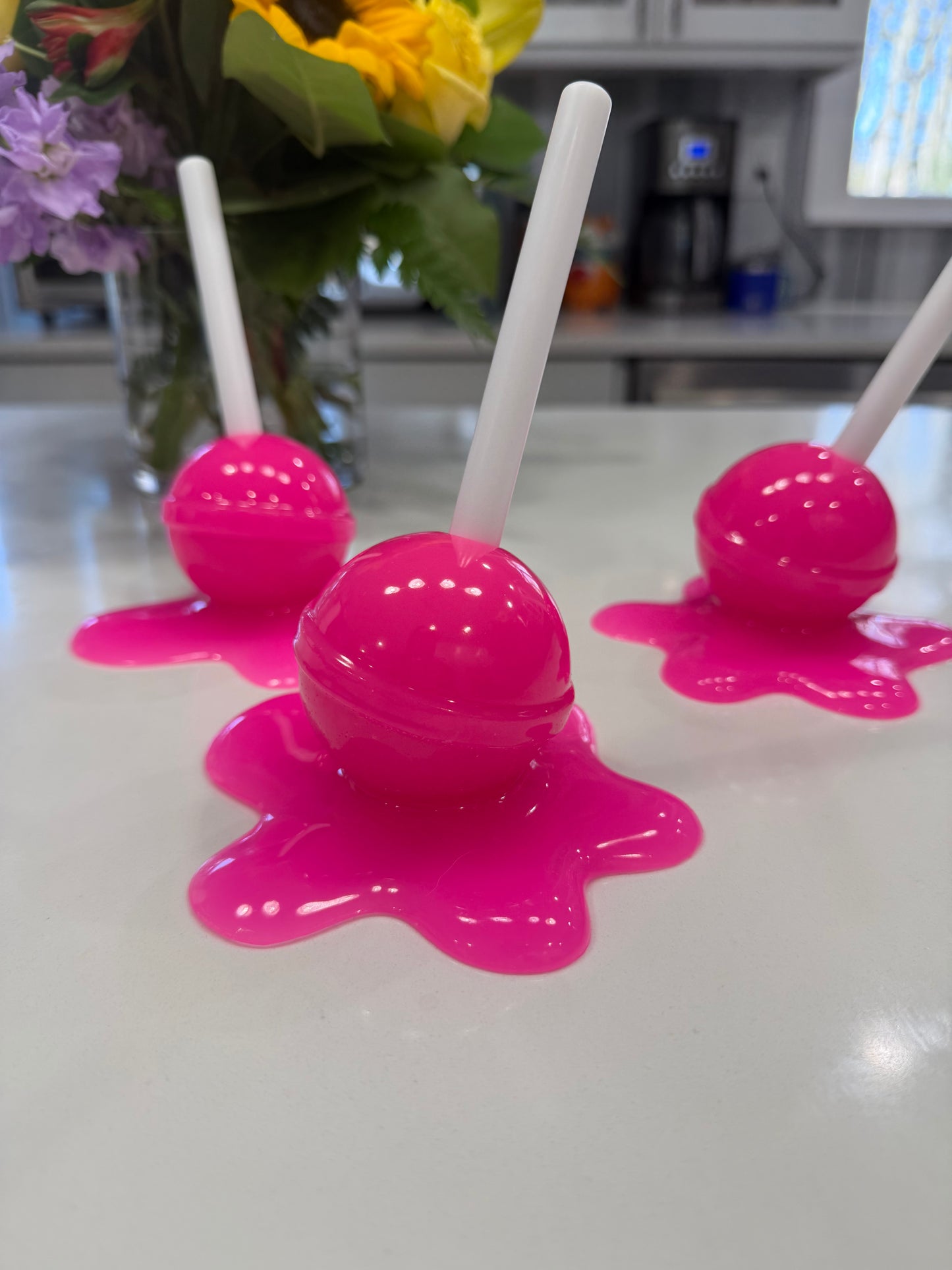 Neon BubblegumPink Melting Lollipop Resin Sculpture – OOAK Pop Art Candy Decor