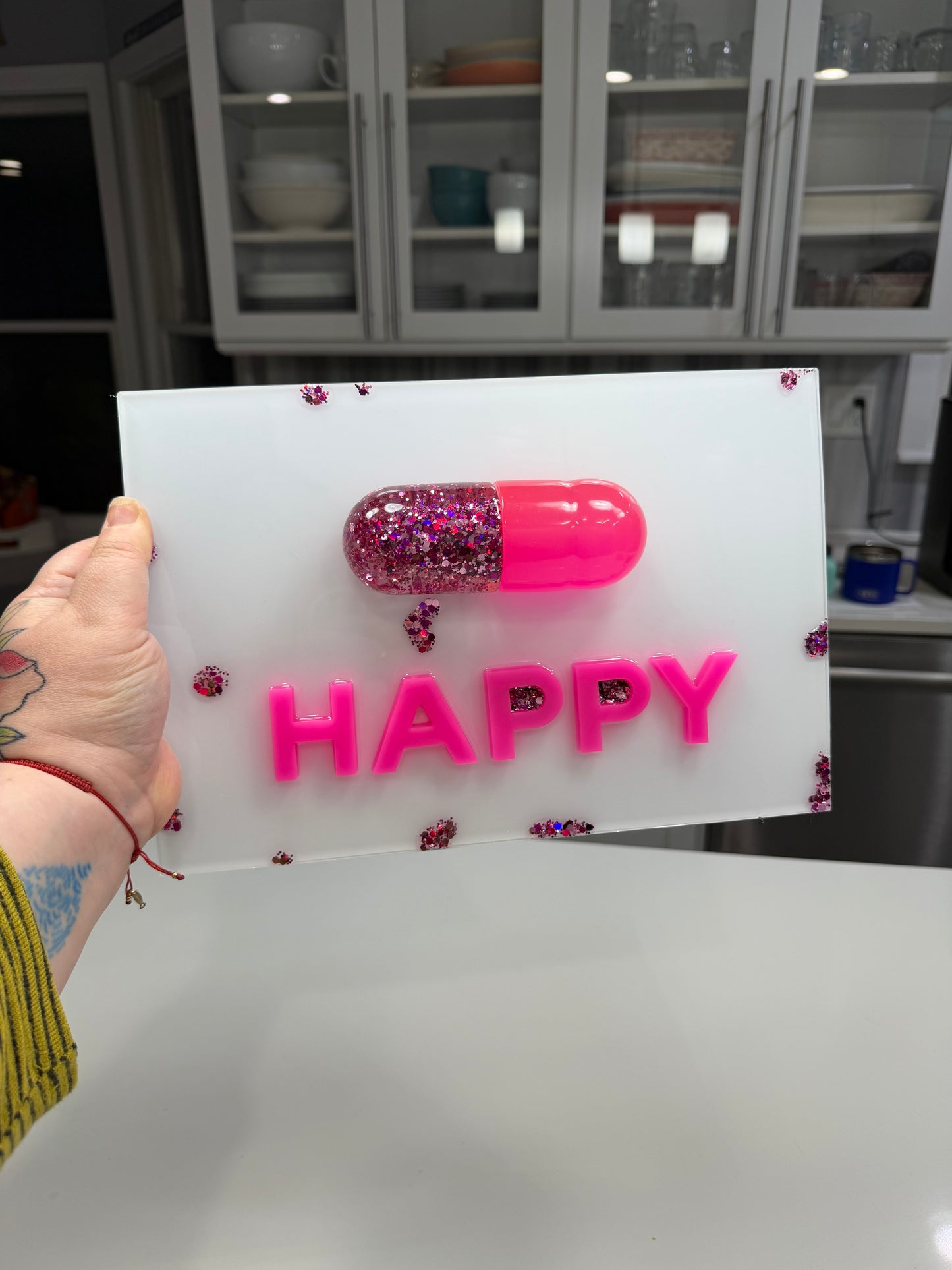 Neon Pink “Happy Pill” Resin Wall Art – Glossy Capsule Pop Art Sculpture | Dopamine Decor | Candy Cabinet Collection