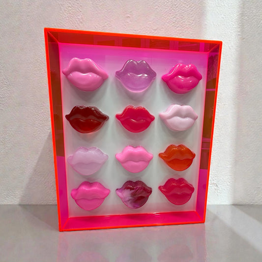 Neon Kiss Grid – Resin Lip Wall Sculpture in Fluorescent Acrylic Frame Free US Shipping